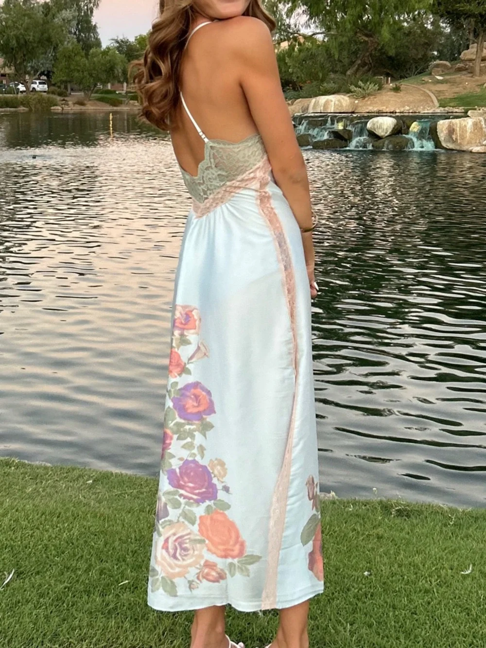 🌸🌺🌼Free People Intimately Light Blue Floral Lace Trim Long Slip Dress🌼🌺🌸 - Picture 3 of 14